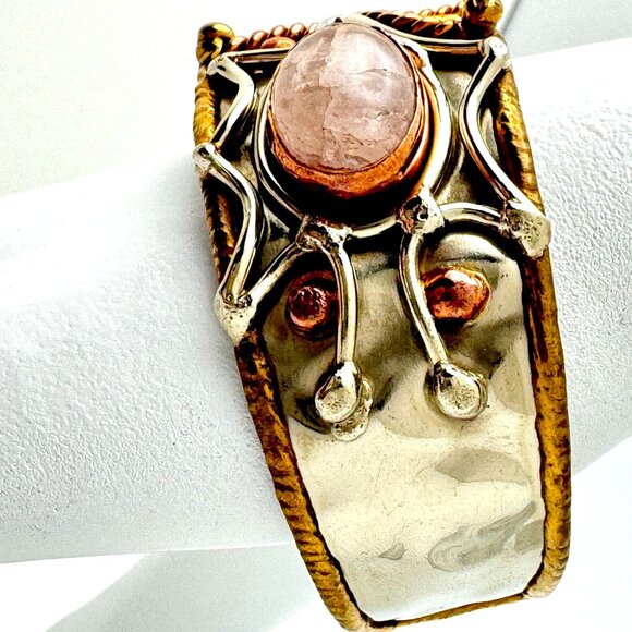 Handcrafted Bronze Copper Zinc Bracelet Genuine Rose Quartz Adjustable - Picture 3 of 14